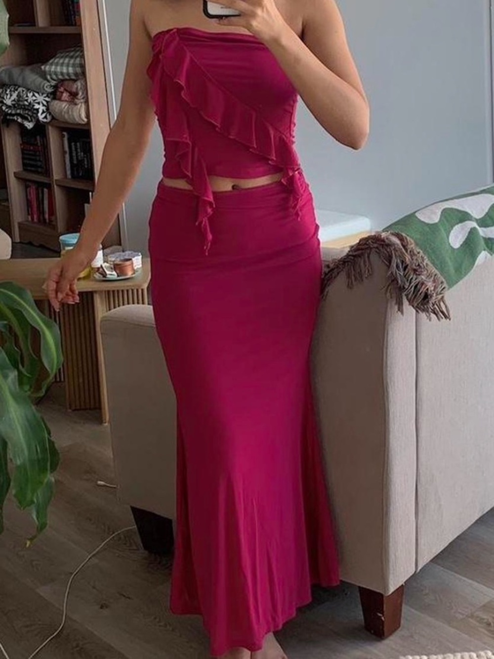 Magenta Strapless Ruffle Two-Piece Maxi Set - Picture 2 of 3